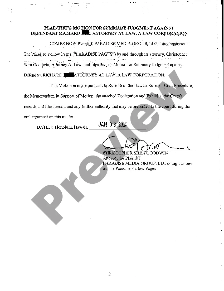 Preview A15 Plaintiff's Motion for Summary Judgment Against Defendant