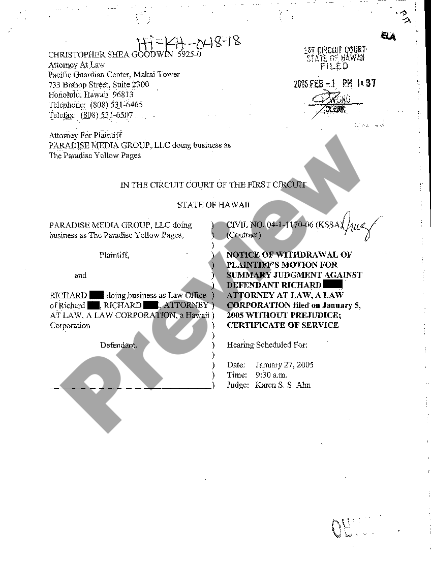 Hawaii Notice of Withdrawal of Plaintiff's Motion for Summary Judgment
