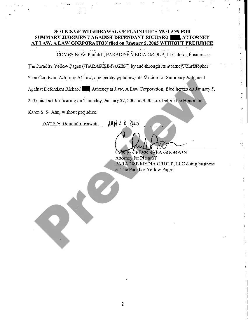 Preview A18 Notice of Withdrawal of Plaintiff's Motion for Summary Judgment Against Defendant Corporation