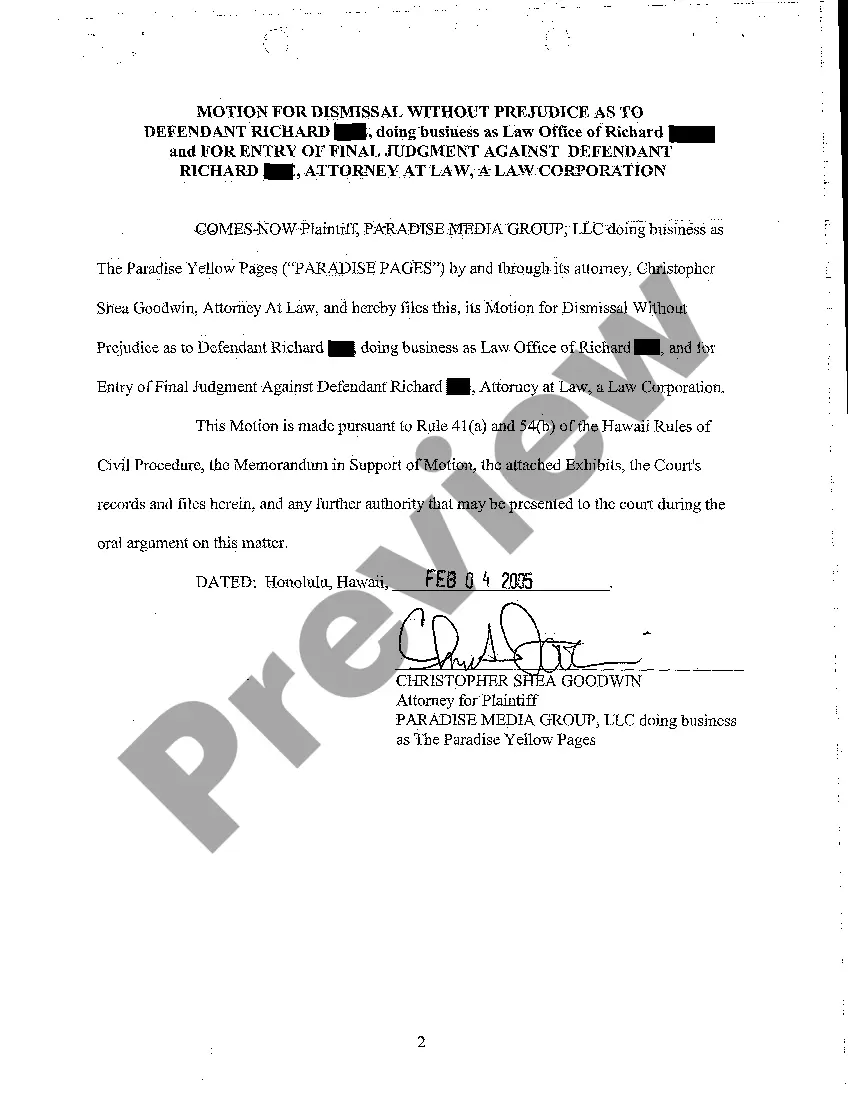 Preview A19 Motion for Dismissal without Prejudice as to Defendant and for Entry of Final Judgment