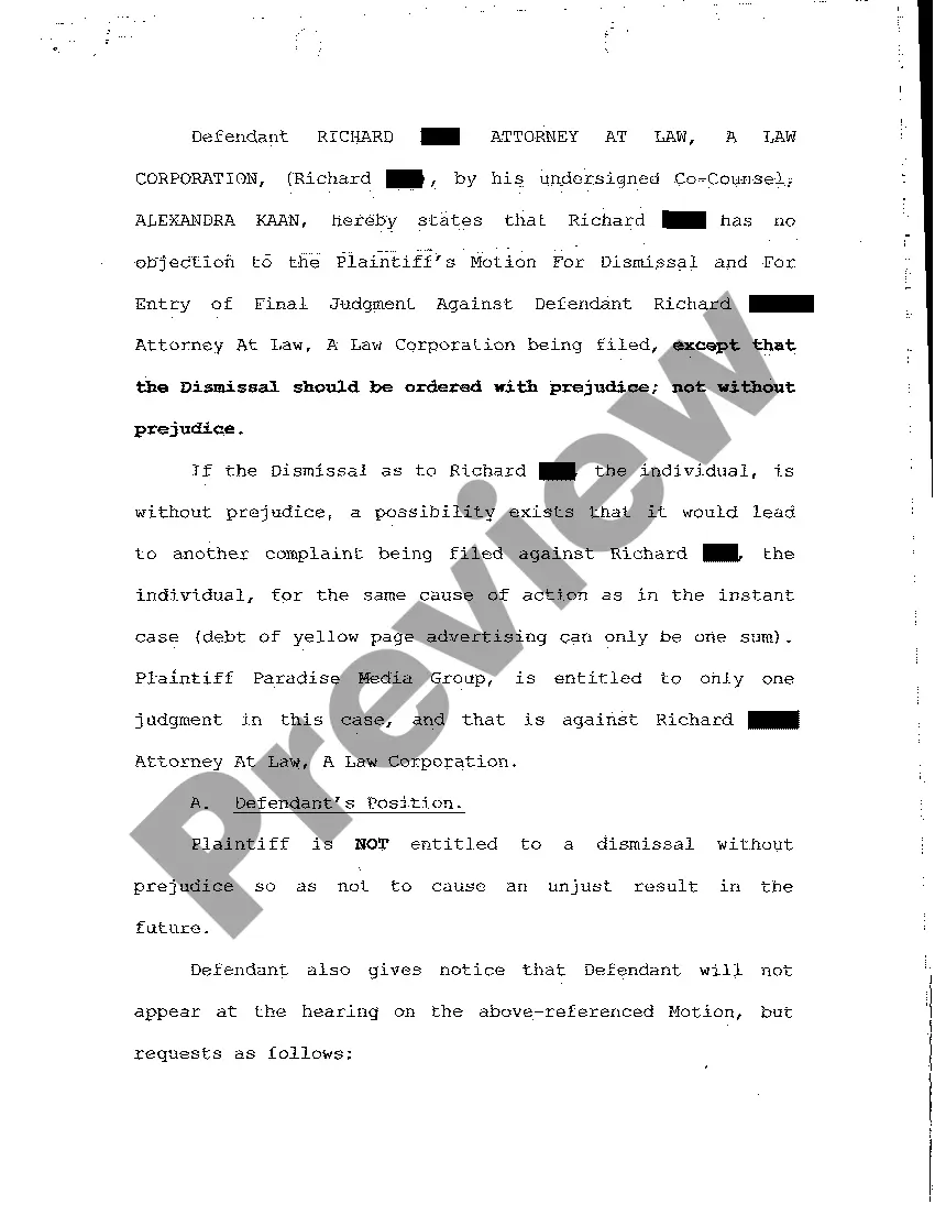 Preview A20 Defendant's Statement of Position and Notice of Nonappearance on Plaintiff's Motion for Dismissal without Prejudice and Entry of Final Judgment Against Defendant