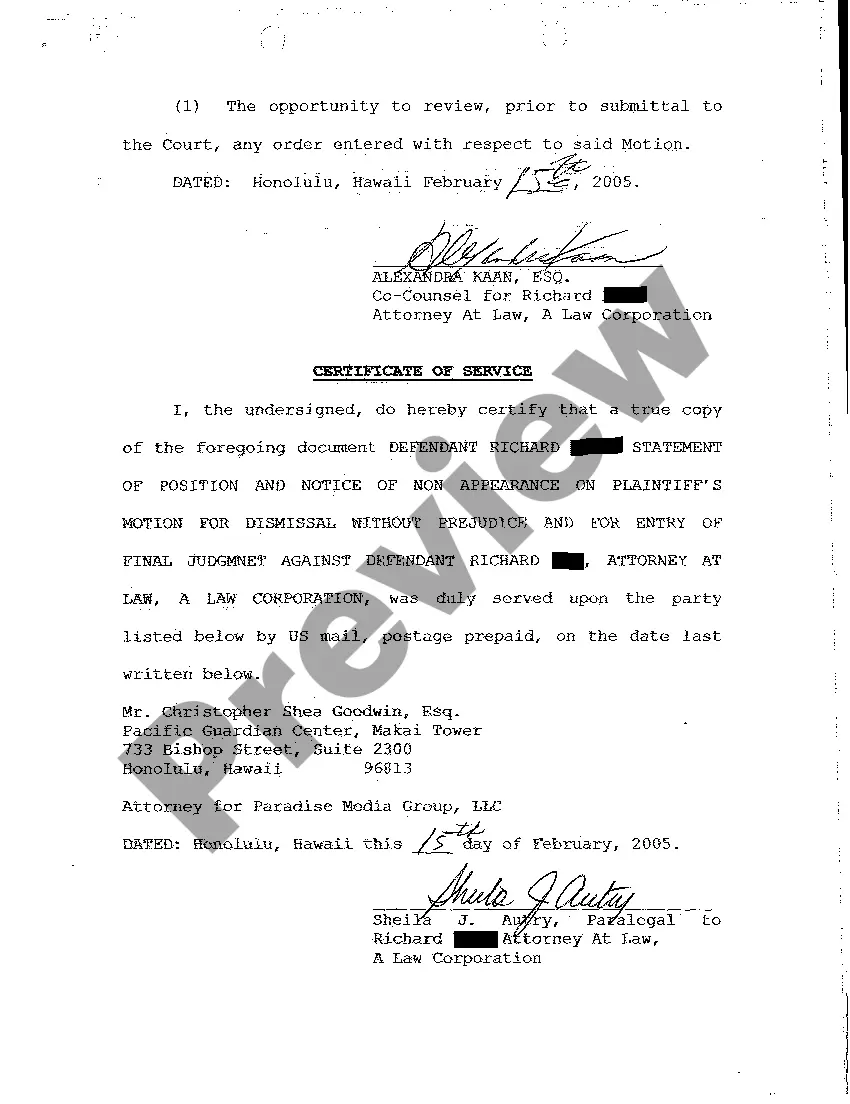 Preview A20 Defendant's Statement of Position and Notice of Nonappearance on Plaintiff's Motion for Dismissal without Prejudice and Entry of Final Judgment Against Defendant