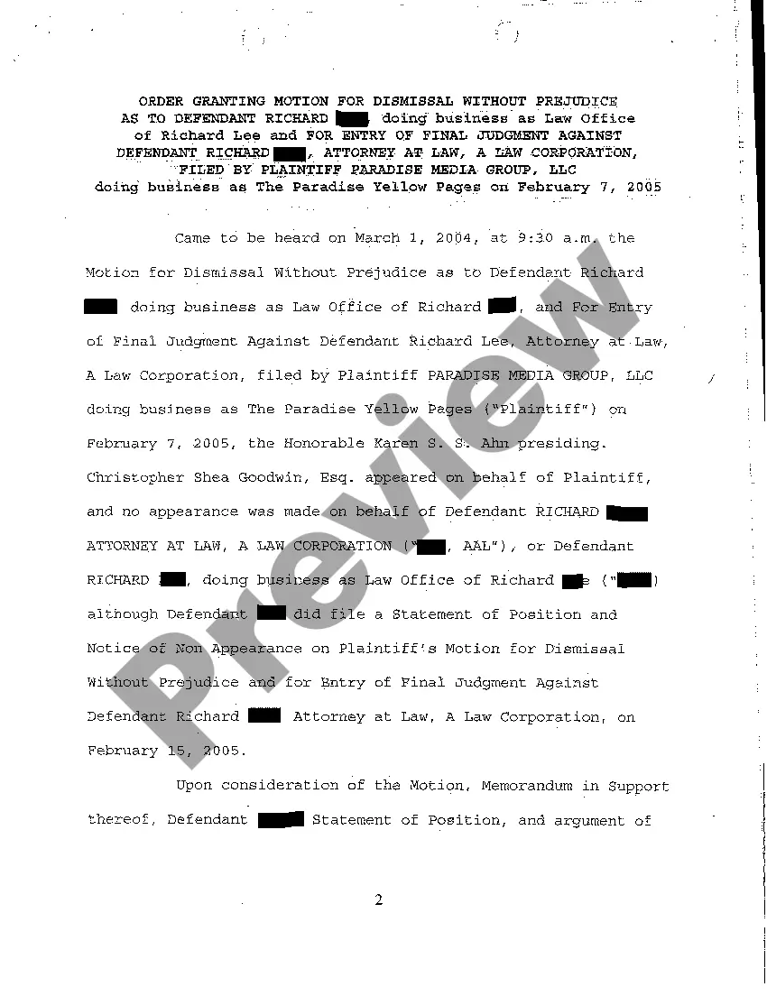 Preview A21 Order Granting Motion for Dismissal without Prejudice and for Entry of Final Judgment Against Defendant