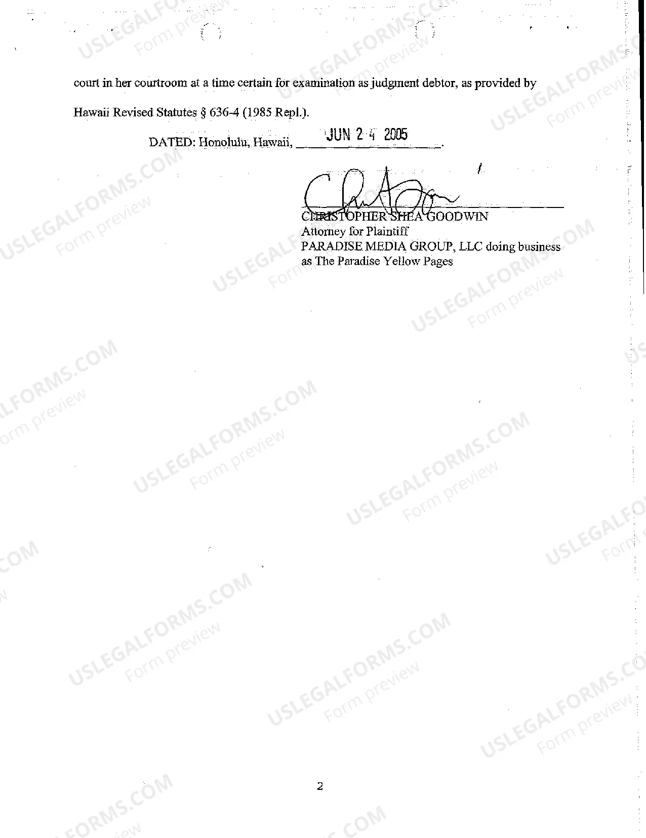 Preview A31 Ex Parte Motion for Examination of Judgment Debtor