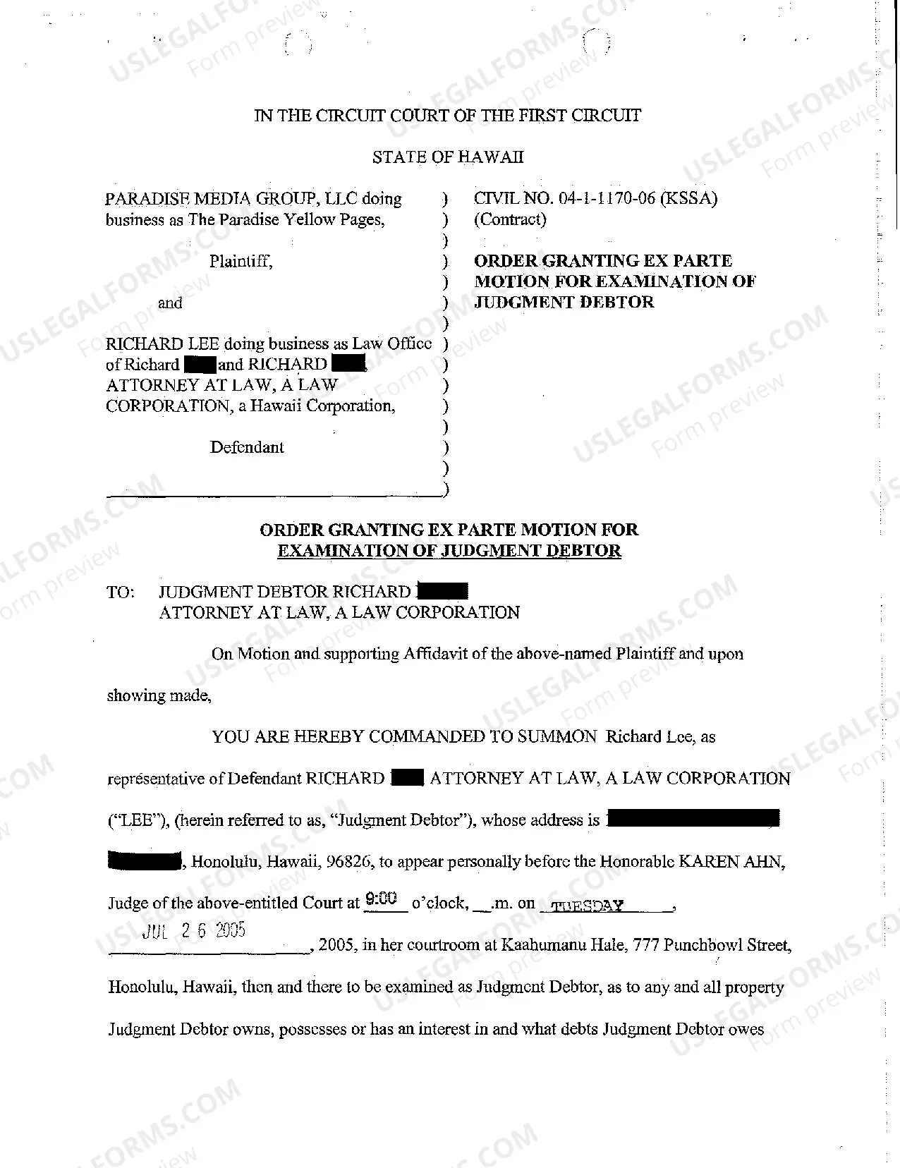 Preview A31 Ex Parte Motion for Examination of Judgment Debtor