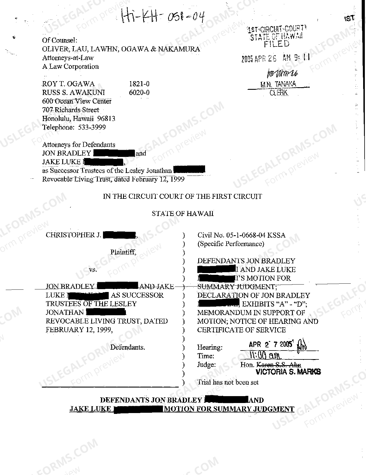 Hawaii Defendants' Motion for Summary Judgment US Legal Forms