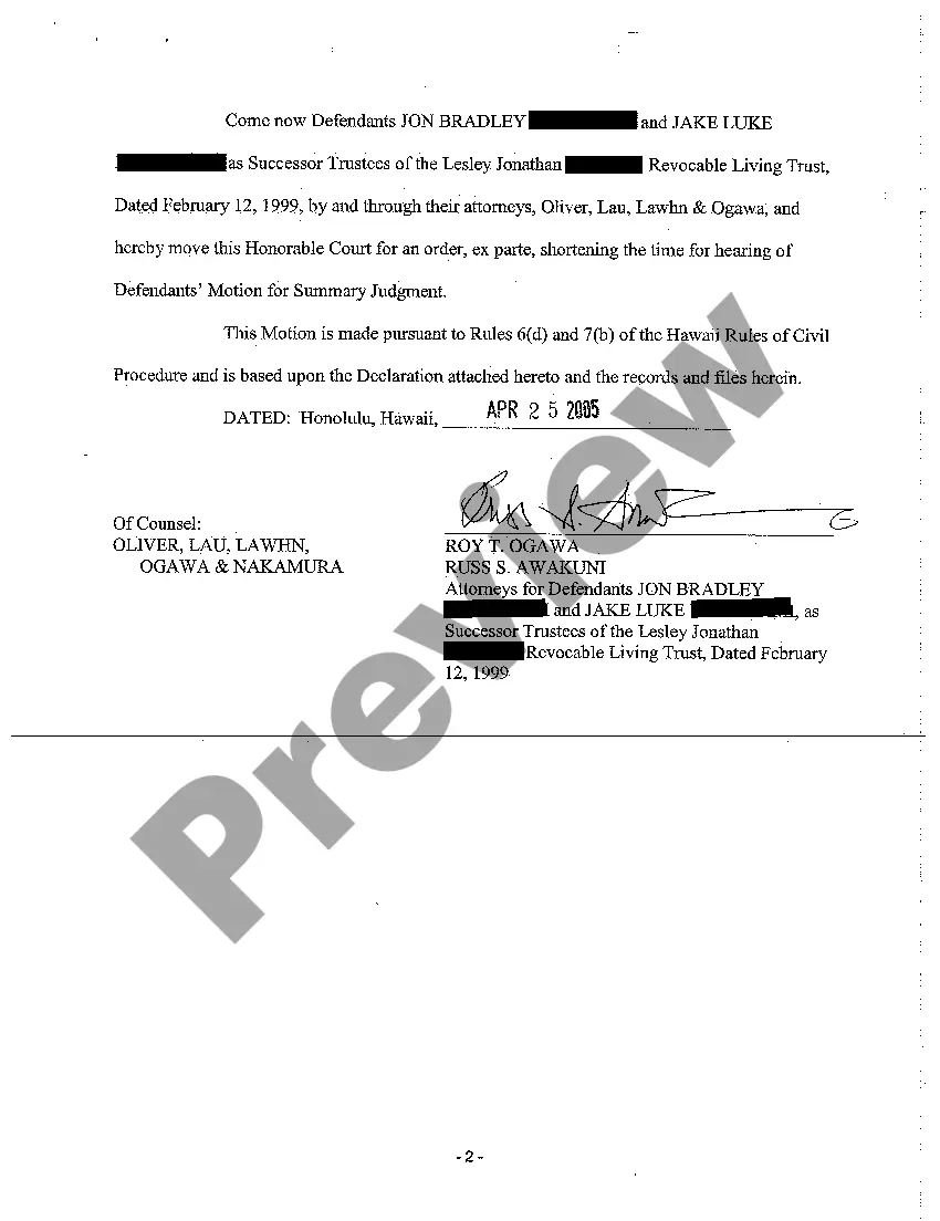Get A05 Defendants' Ex Parte Motion to Shorten Time on Motion for Summary Judgment Preview A05 Defendants' Ex Parte Motion to Shorten Time on Motion for Summary Judgment