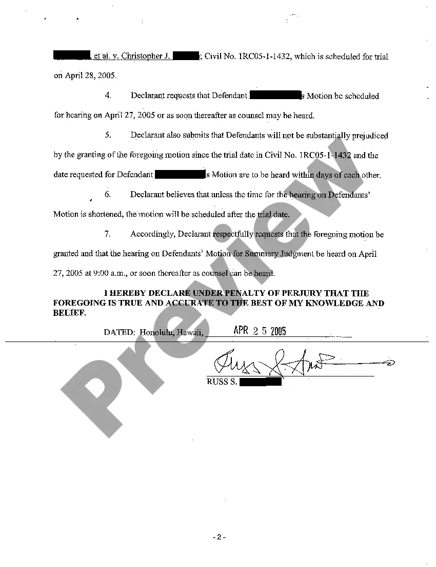 Get A05 Defendants' Ex Parte Motion to Shorten Time on Motion for Summary Judgment Preview A05 Defendants' Ex Parte Motion to Shorten Time on Motion for Summary Judgment