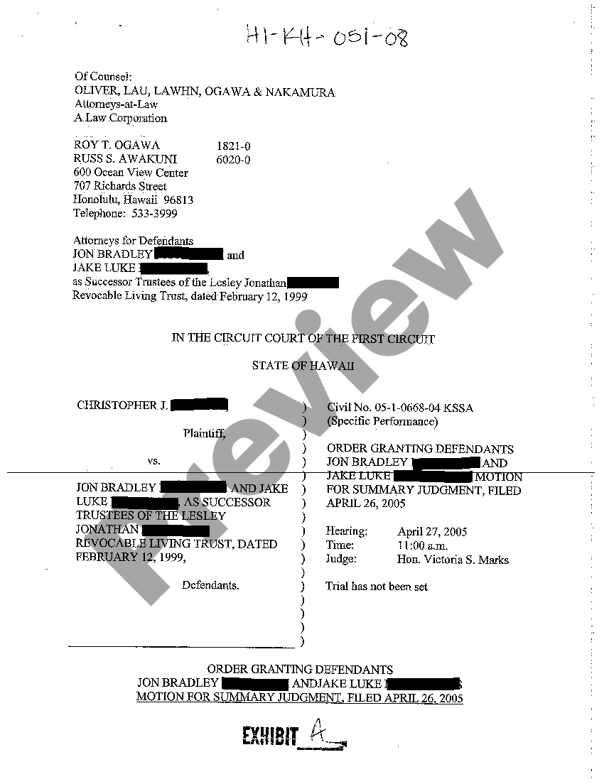 Sample Summary Judgment Motion Hawaii For Sale US Legal Forms