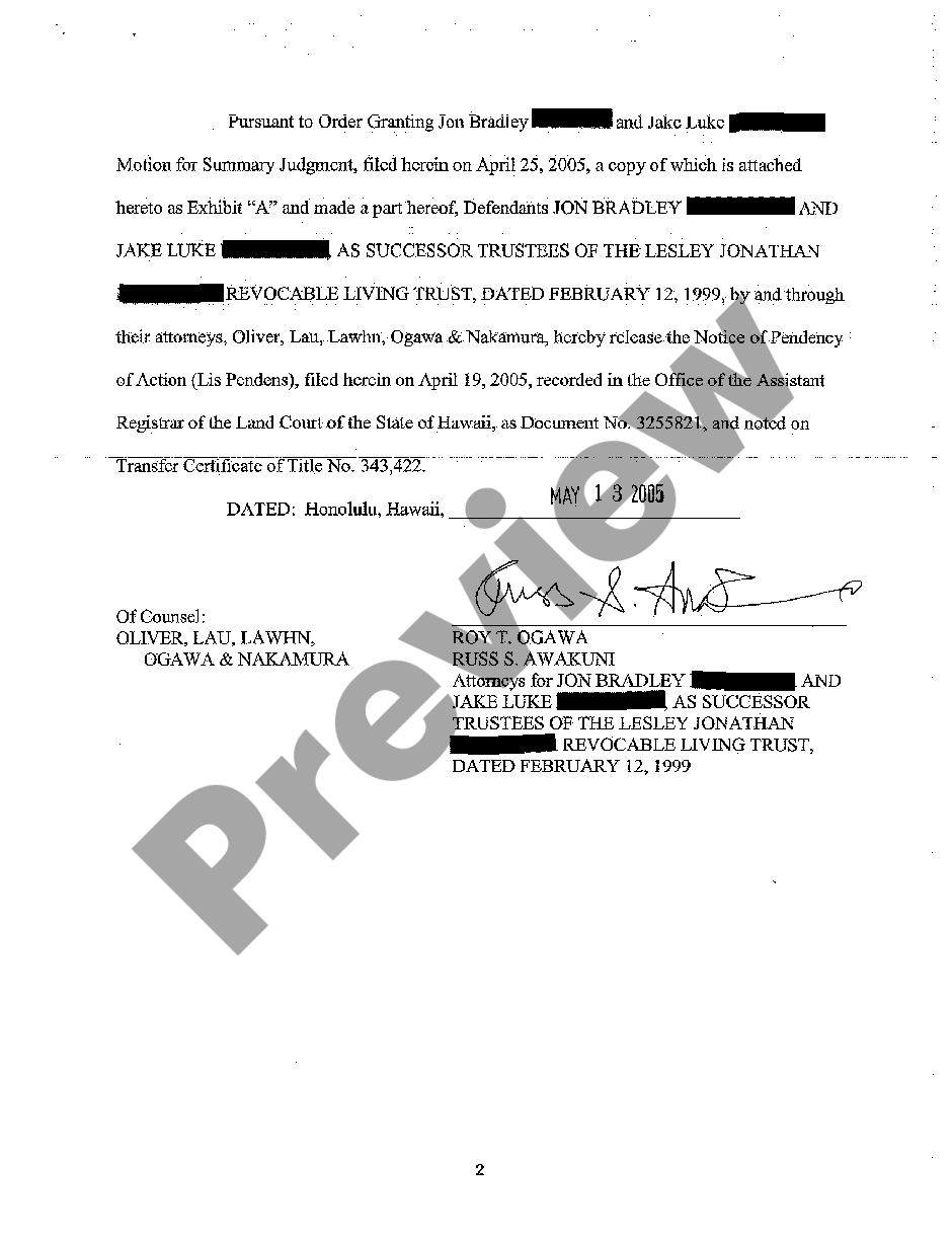 Hawaii Amended Release of Lis Pendens - Lis Pendens Hawaii | US Legal Forms