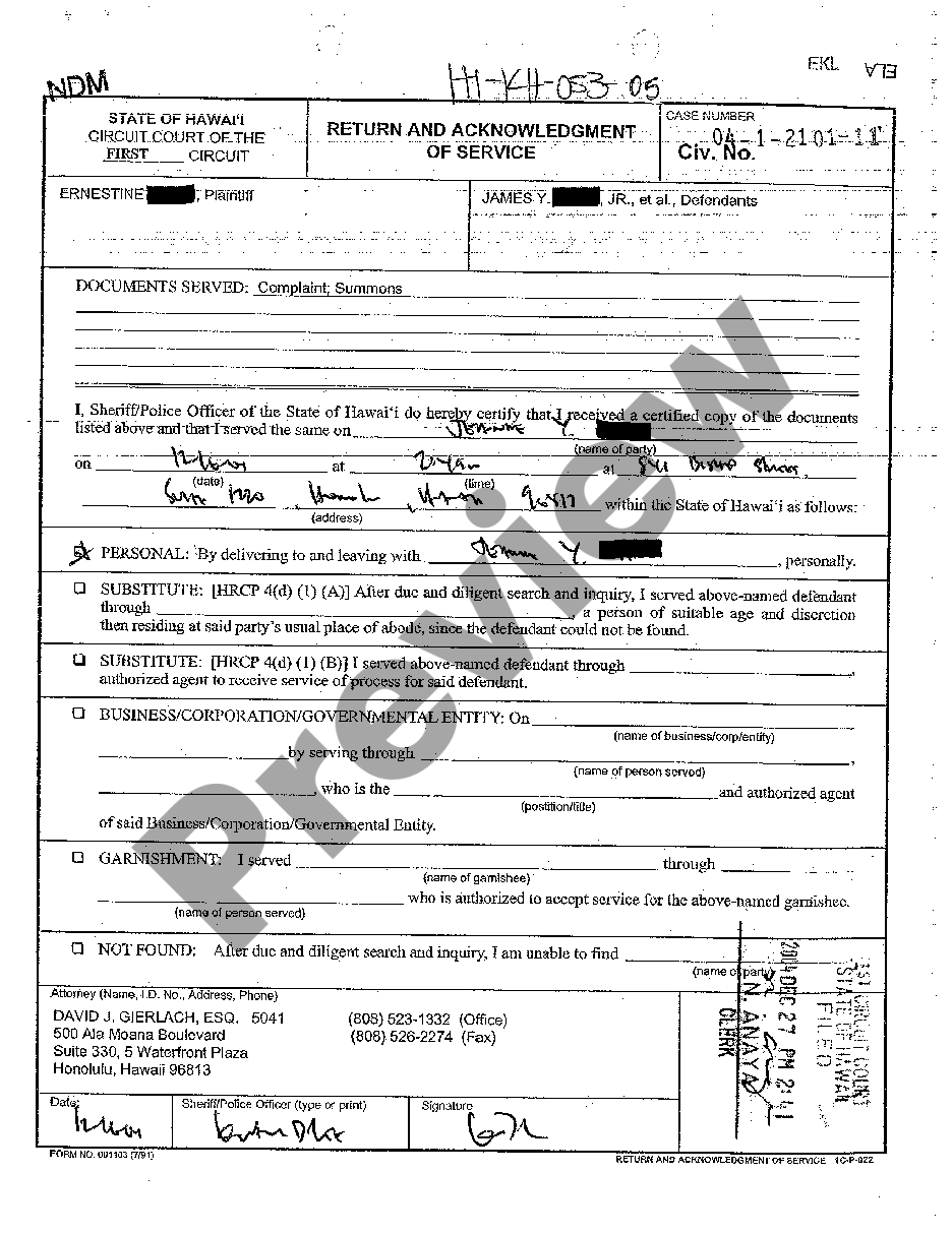 Hawaii Return of Acknowledgment of Service | US Legal Forms