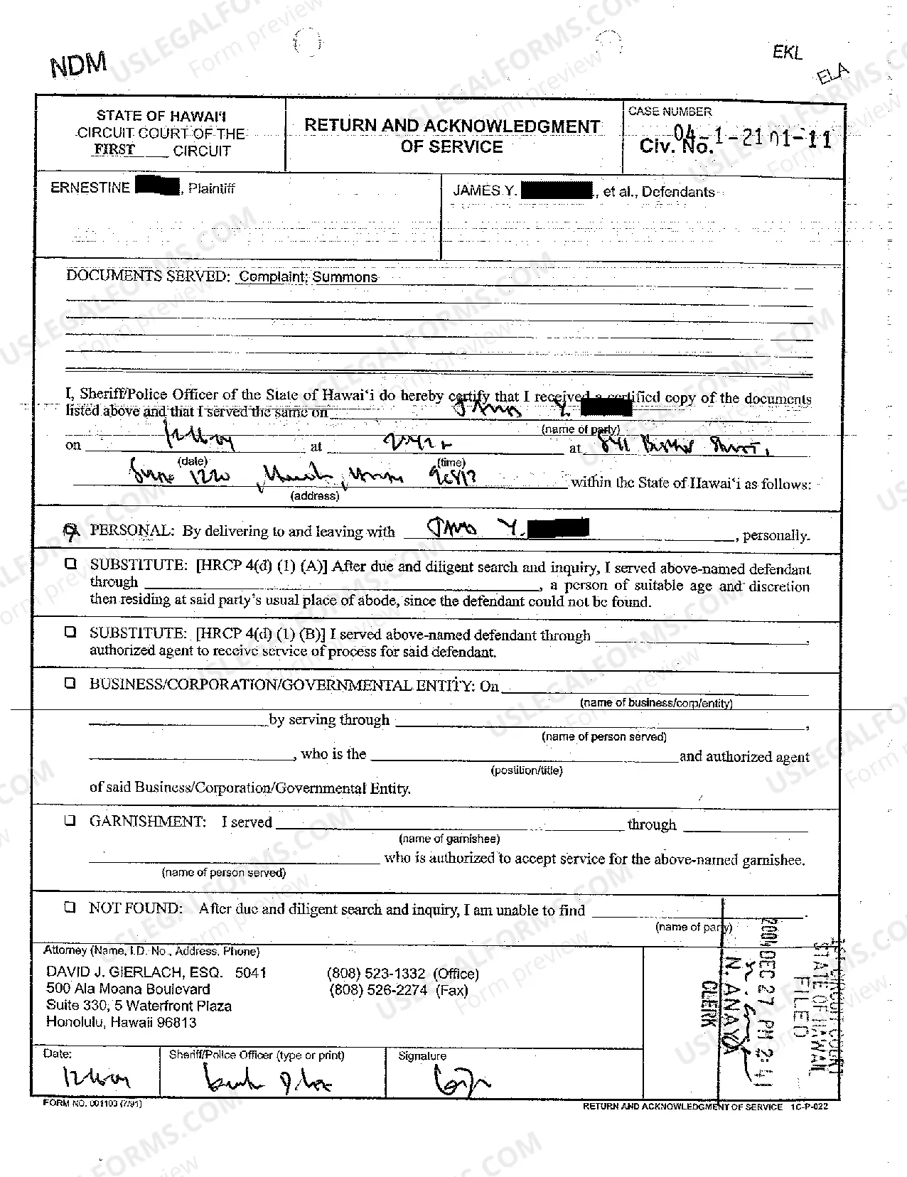 Preview A05 Return of Acknowledgment of Service