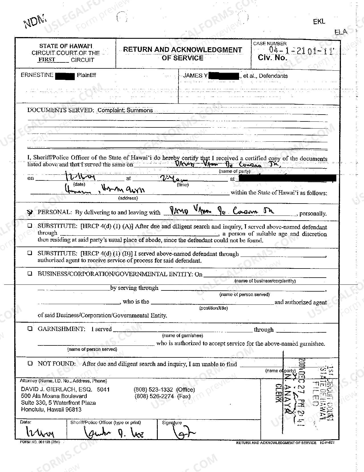 Preview A05 Return of Acknowledgment of Service