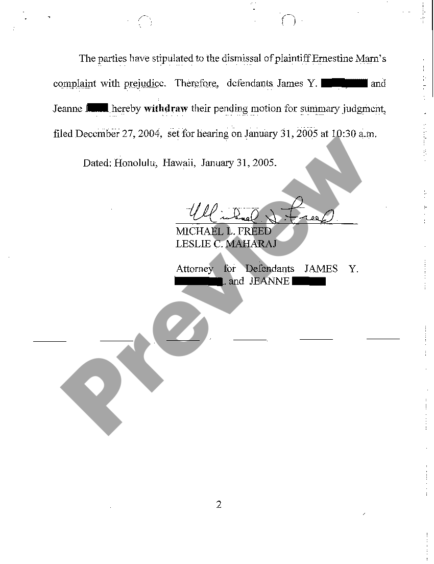 Hawaii Notice of Withdrawal of Defendants' Motion for Summary Judgment