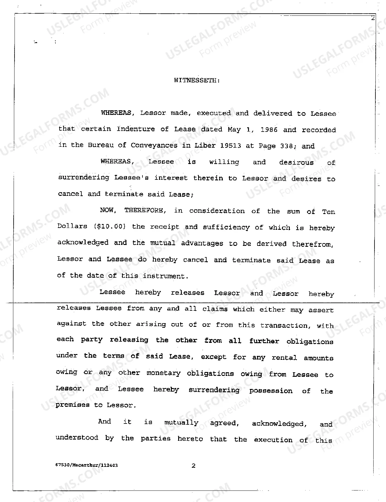 Preview Mutual Cancellation of Lease by Lessor and Lessee