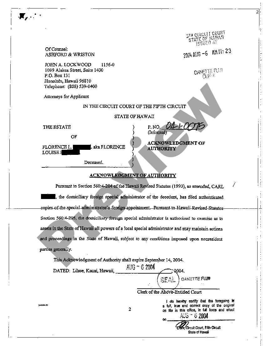 Preview Acknowledgment of Authority