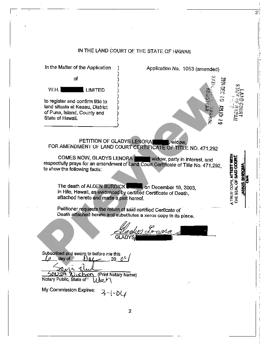 Preview Land Court Petition of Death of CoOwner or Joint Tenant