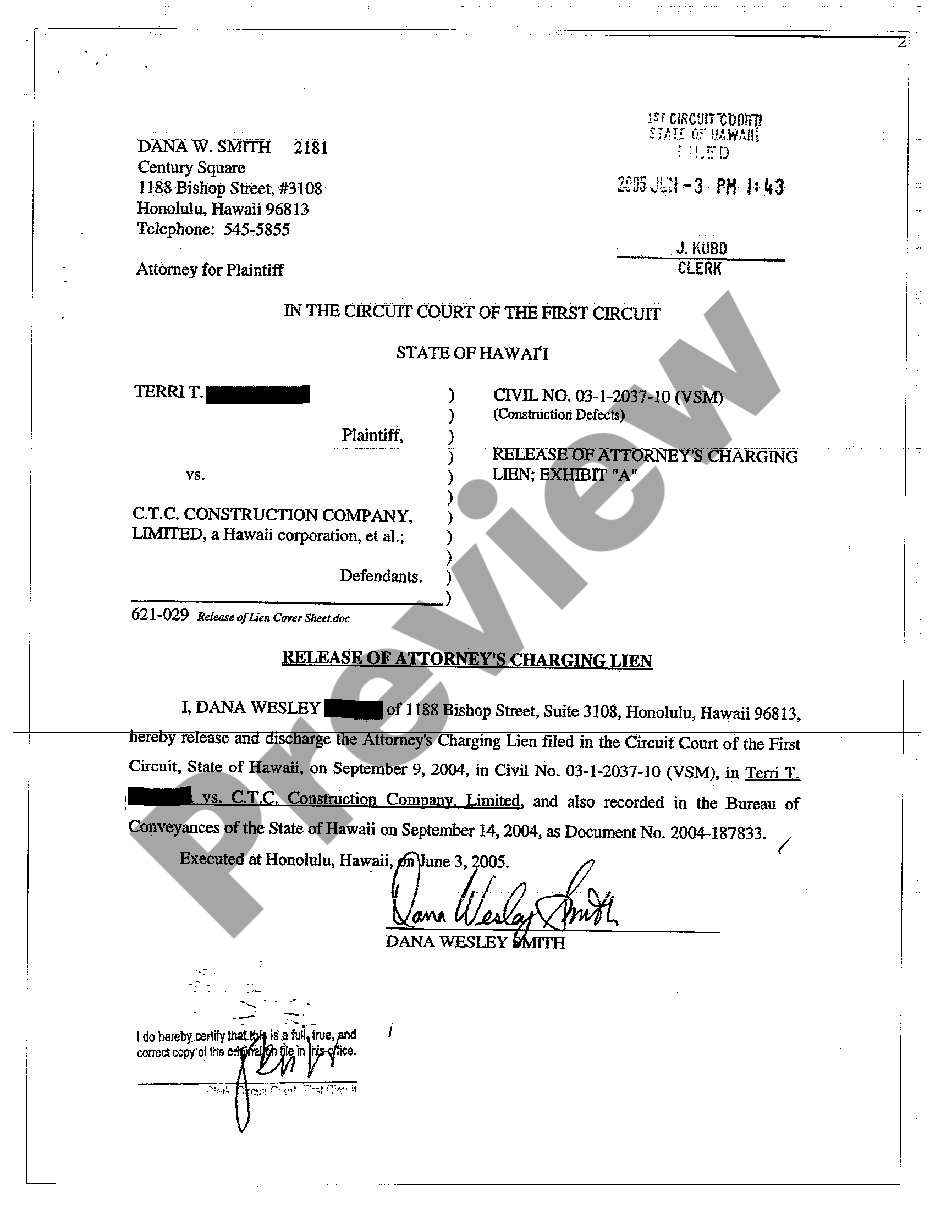 Hawaii Release of Attorney's Charging Lien | US Legal Forms