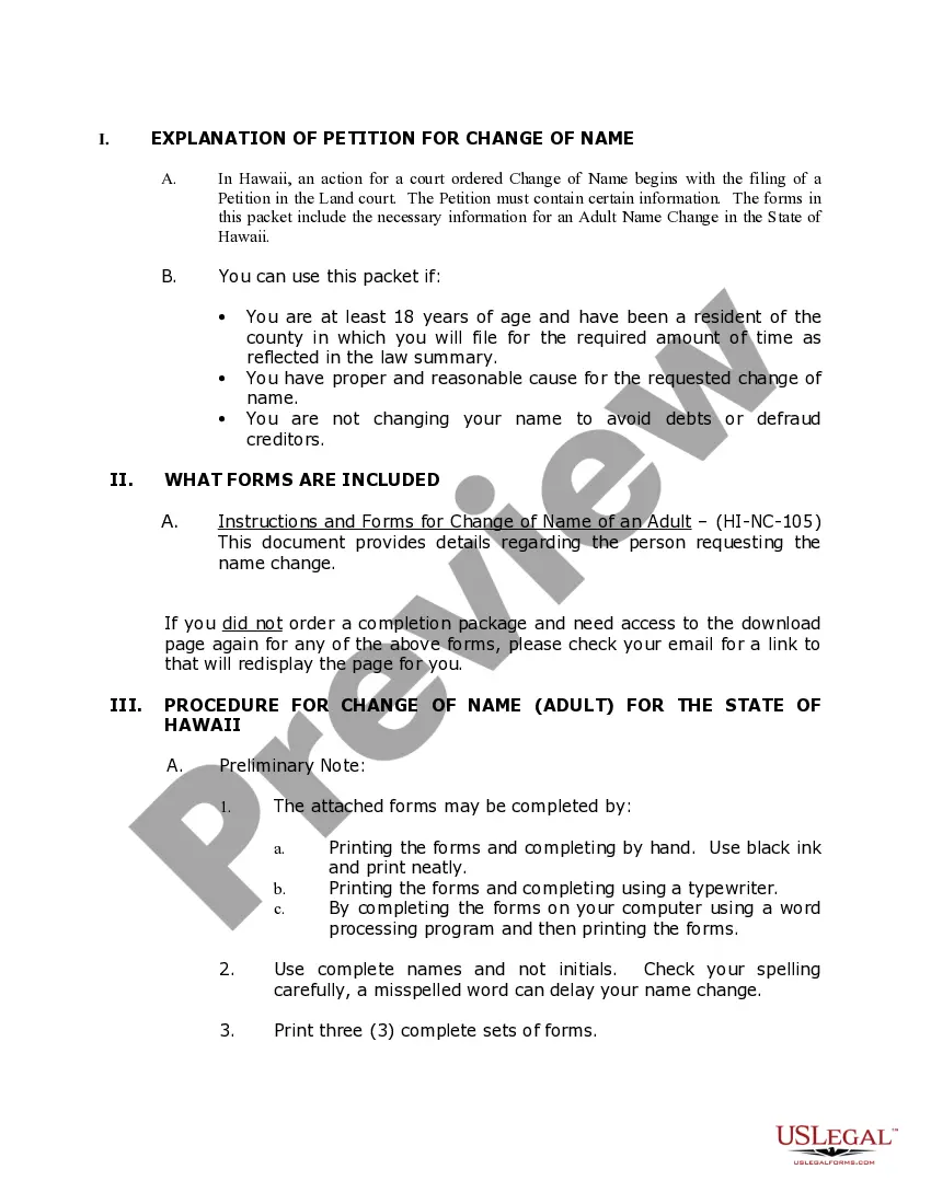 Preview Hawaii Name Change Instructions and Forms Package for an Adult