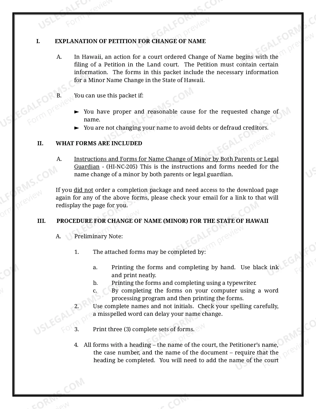 Preview Hawaii Name Change Instructions and Forms Package for a Minor