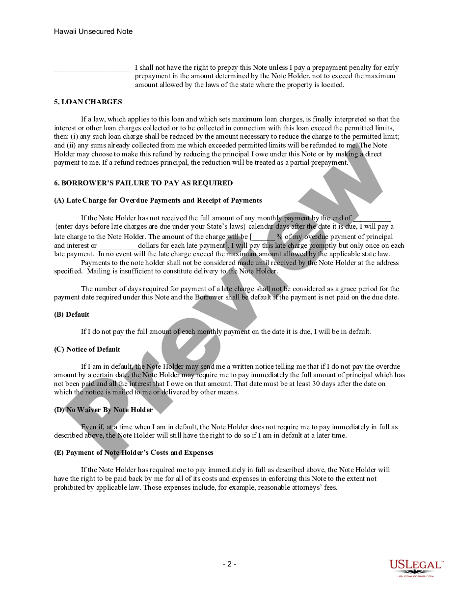 page 1 Hawaii Unsecured Installment Payment Promissory Note for Fixed Rate preview