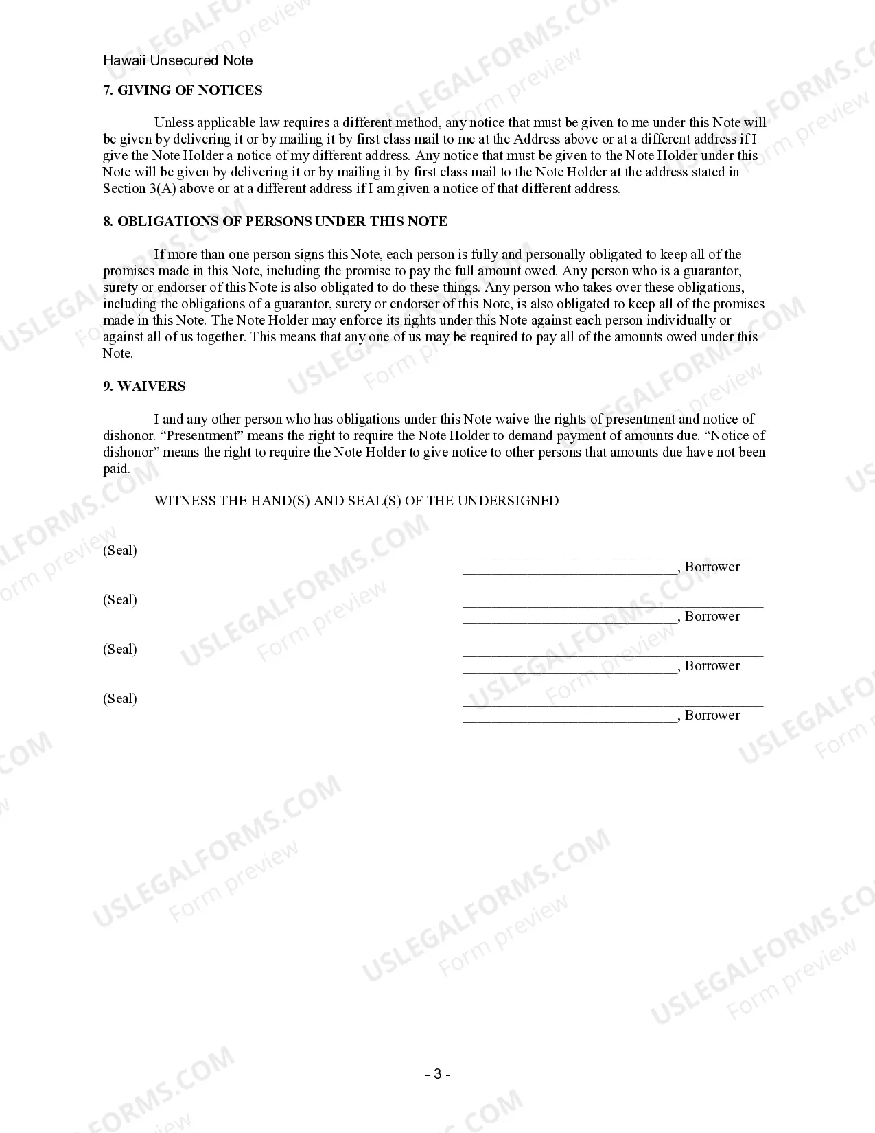 Preview Hawaii Unsecured Installment Payment Promissory Note for Fixed Rate