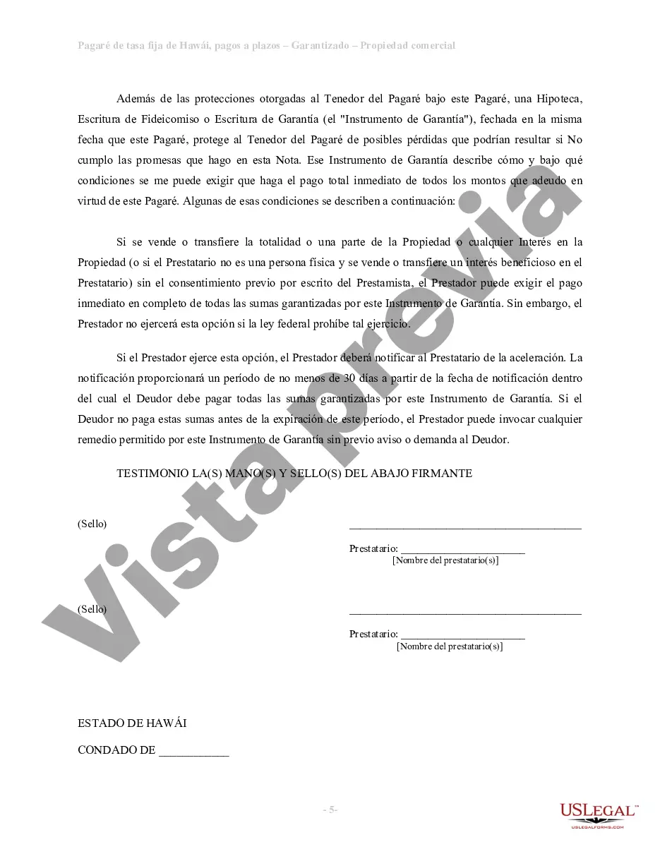 Preview Pagaré de cuota fija en cuotas de Hawái garantizado por bienes raíces comerciales