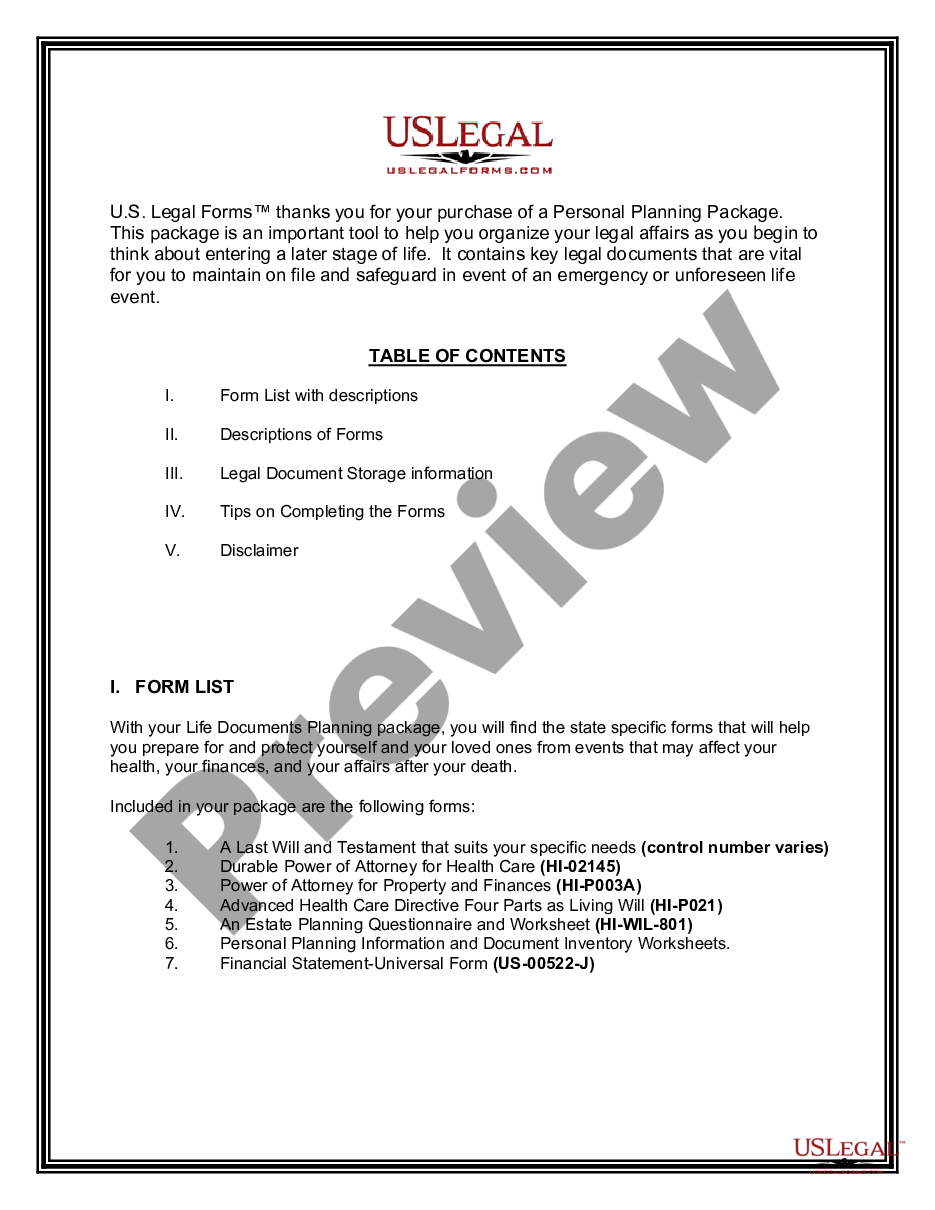 page 1 Life Documents Planning Package, including Will, Power of Attorney, and Living Will preview