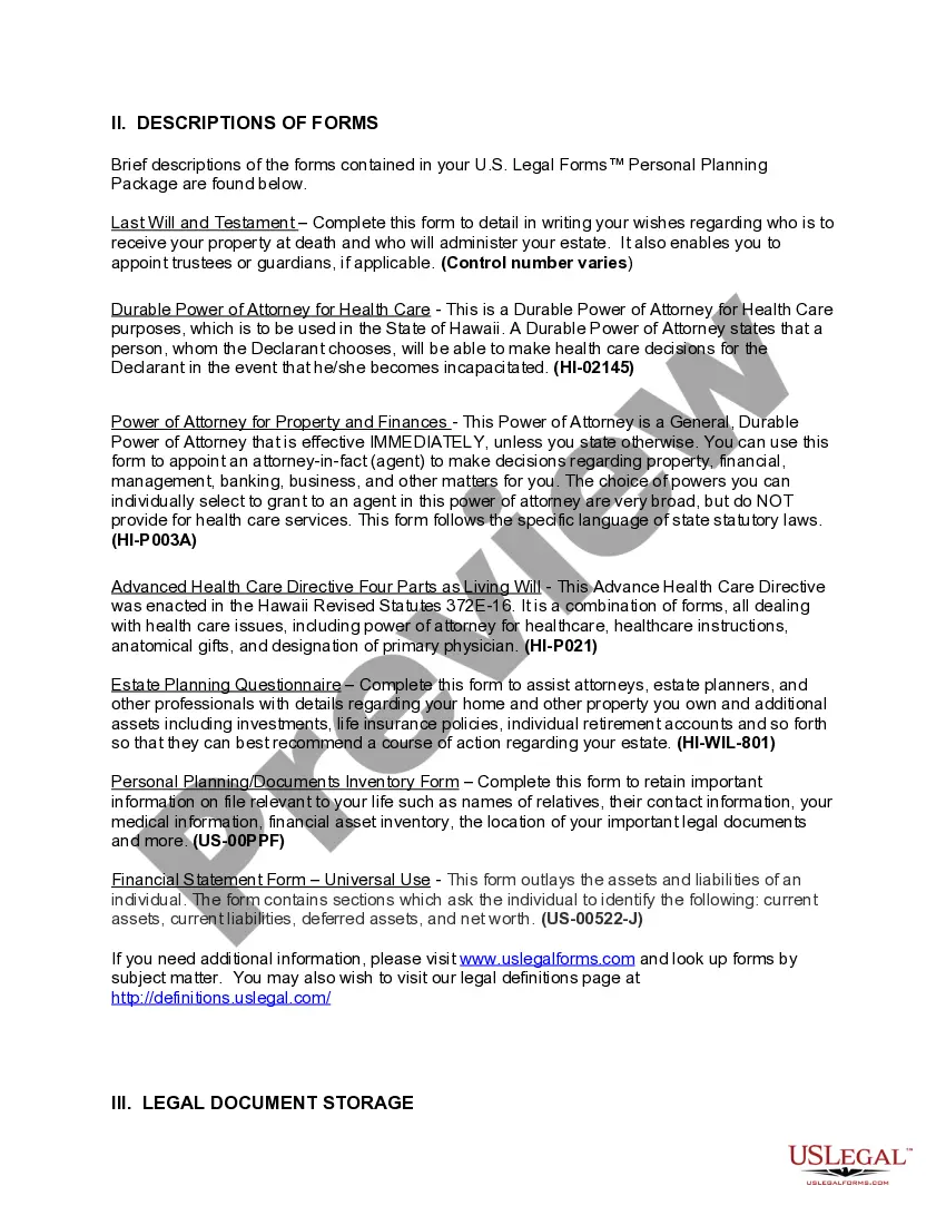 Preview Hawaii Life Documents Planning Package, including Will, Power of Attorney, and Living Will