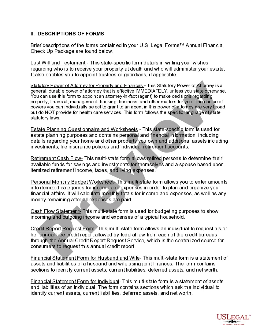 Preview Hawaii Annual Financial Checkup Package