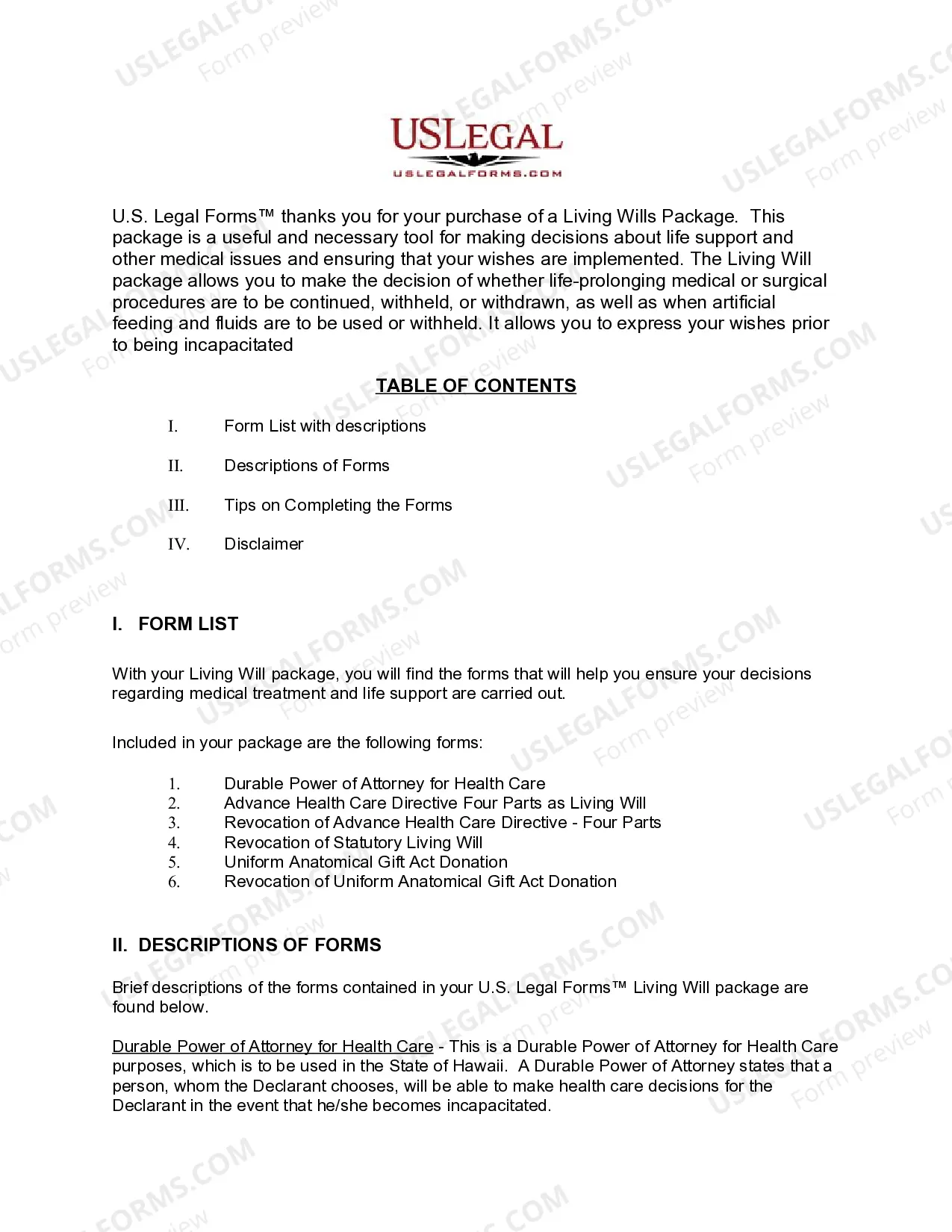 Preview Hawaii Living Wills and Health Care Package