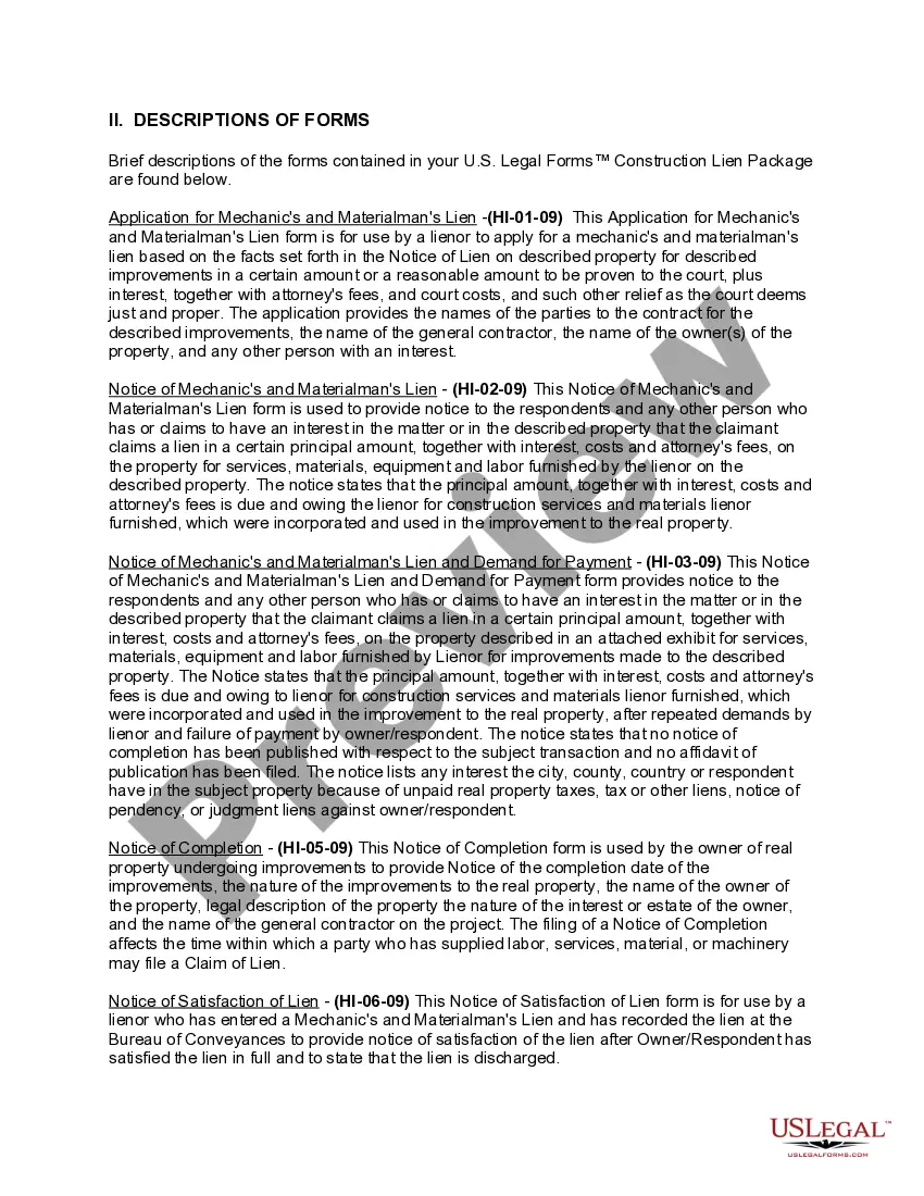 Get Hawaii Construction or Mechanics Lien Package - Corporation or LLC Preview Hawaii Construction or Mechanics Lien Package - Corporation or LLC
