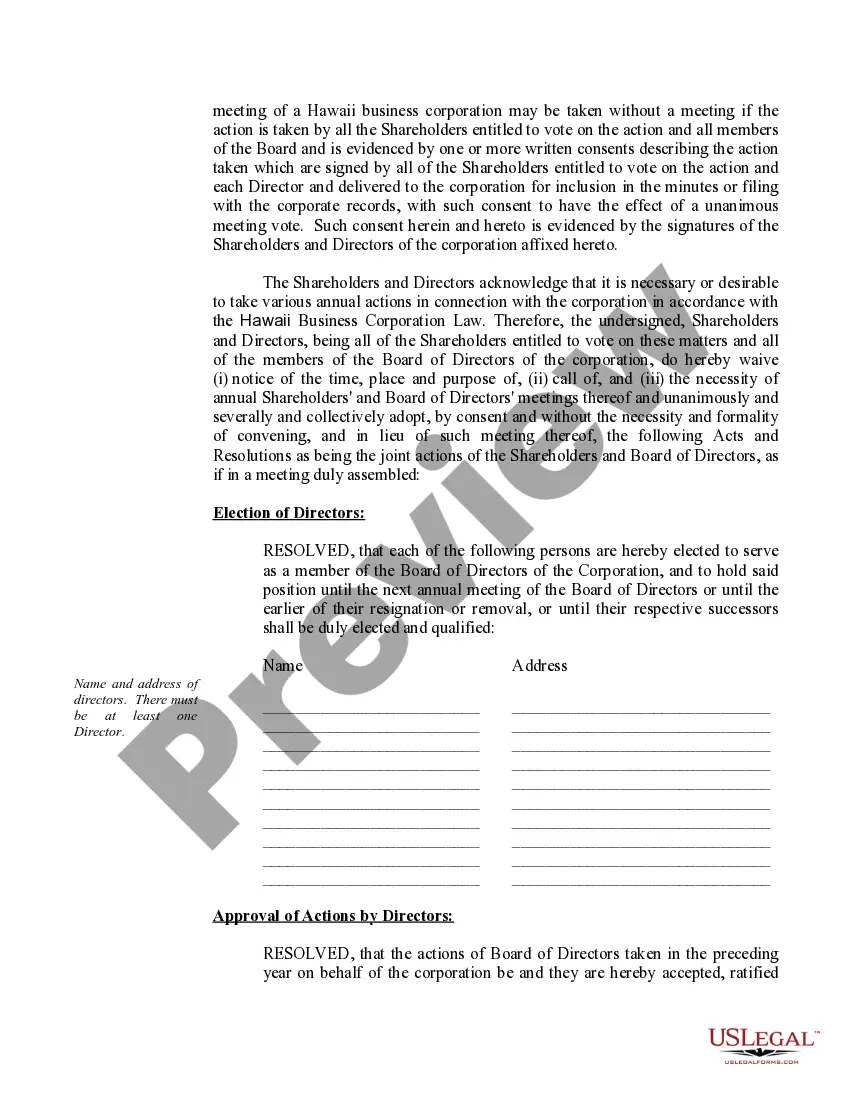 Preview Sample Annual Minutes for a Hawaii Professional Corporation