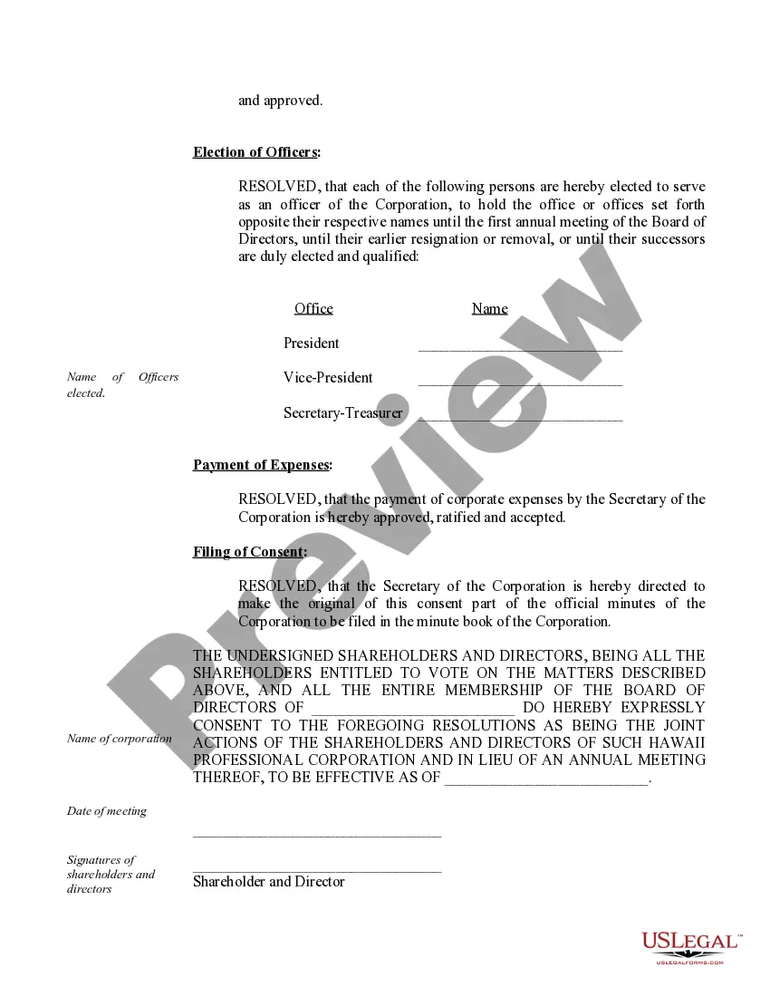 Preview Sample Annual Minutes for a Hawaii Professional Corporation