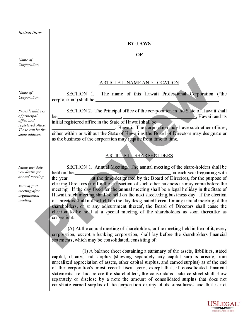 Get Sample Bylaws for a Hawaii Professional Corporation Preview Sample Bylaws for a Hawaii Professional Corporation