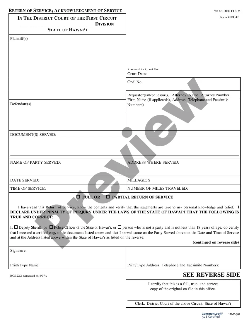 Hawaii Return Of Service Return Of Service Example US Legal Forms