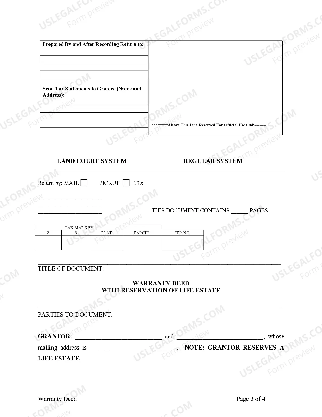 Preview Warranty Deed for Parents to Child with Reservation of Life Estate