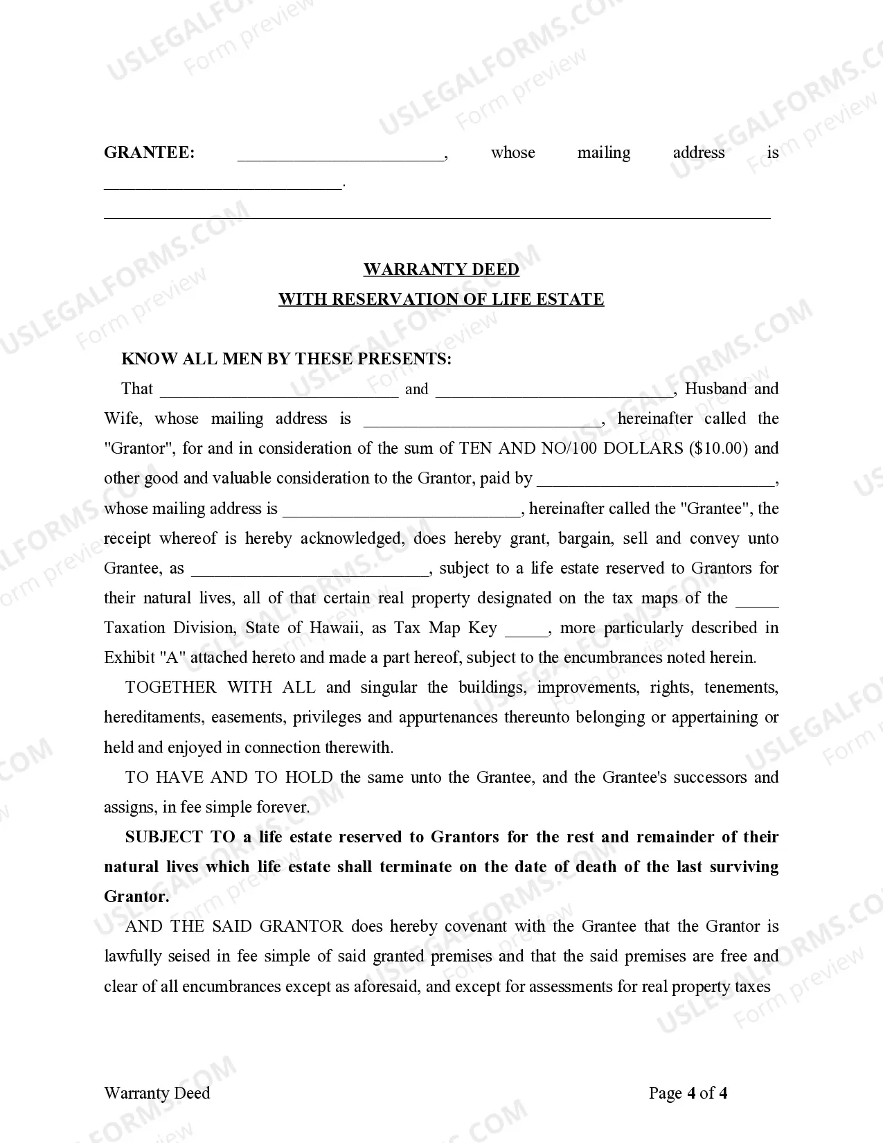 Preview Warranty Deed for Parents to Child with Reservation of Life Estate