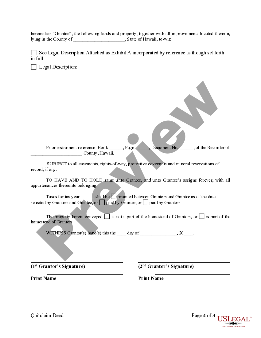 Hawaii Quitclaim Deed from Husband and Wife to Living Trust Hawaii