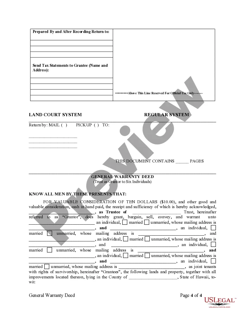 Preview Warranty Deed from Trust as Grantor to Six Individuals - Joint Tenants with Rights of Survivorship