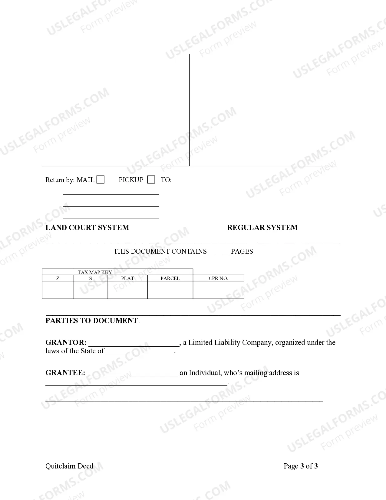 Preview Quitclaim Deed - Limited Liability Company to Individual