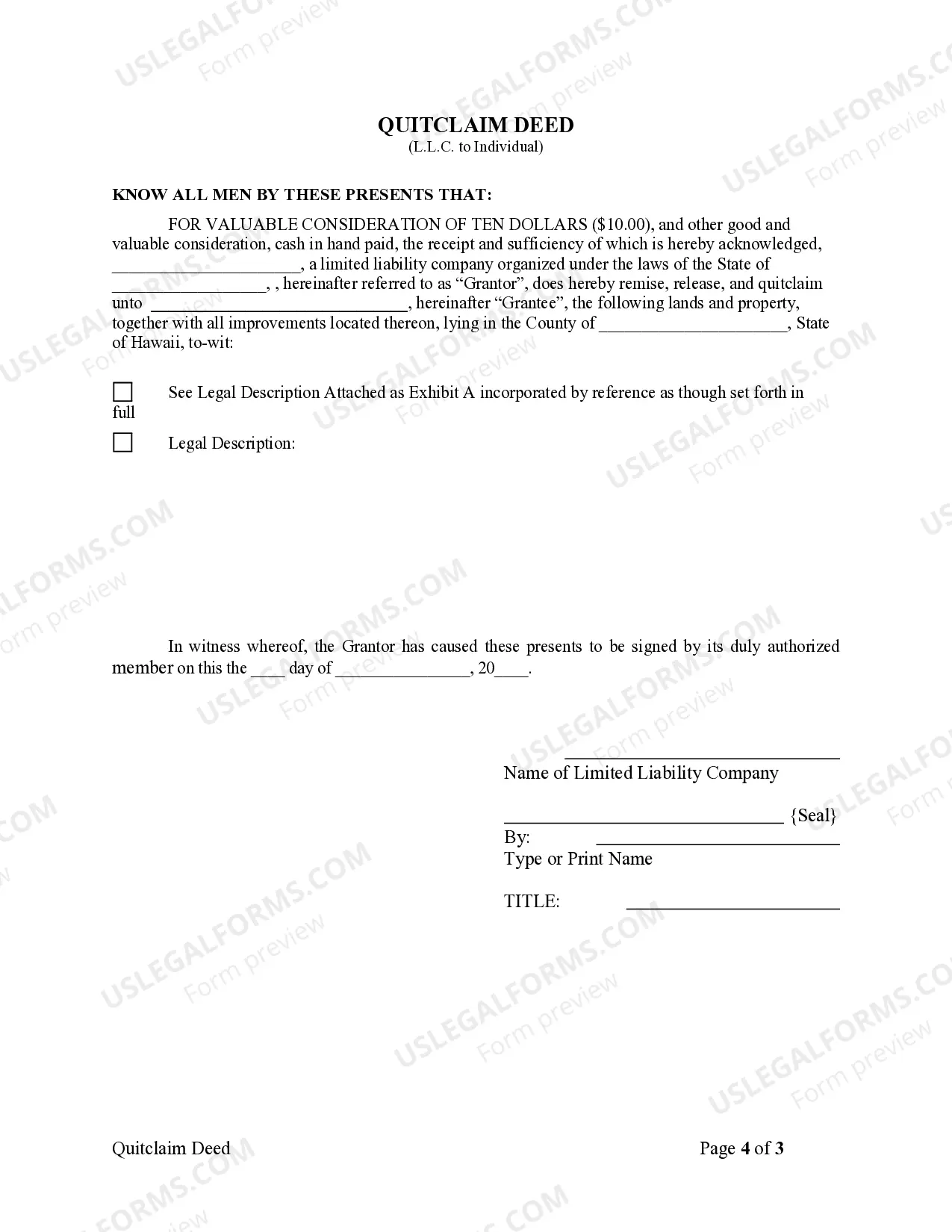 Preview Quitclaim Deed - Limited Liability Company to Individual