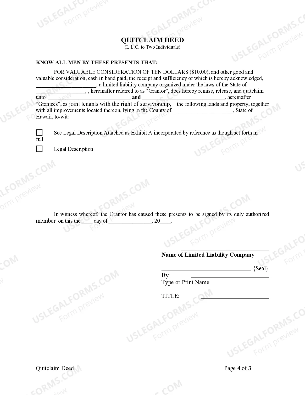 Preview Quitclaim Deed - Limited Liability Company to Two Individuals