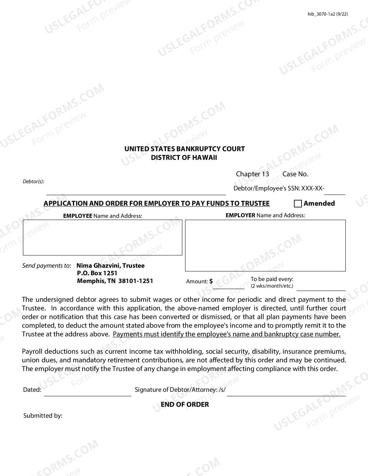 Preview Application and Order For Employer To Pay Funds To Trustee