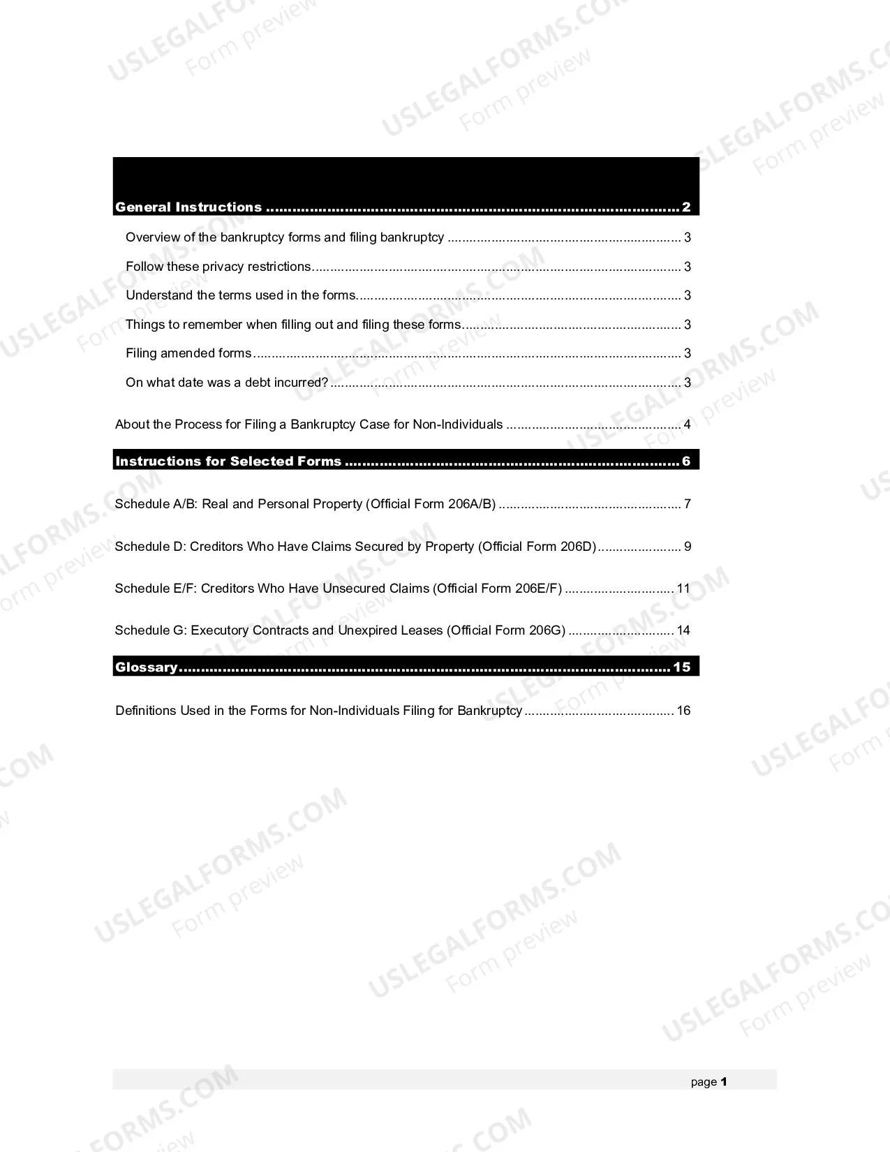 Preview Instructions - Bankruptcy Forms for Non-Individuals (forms only available at U.S. Courts website)