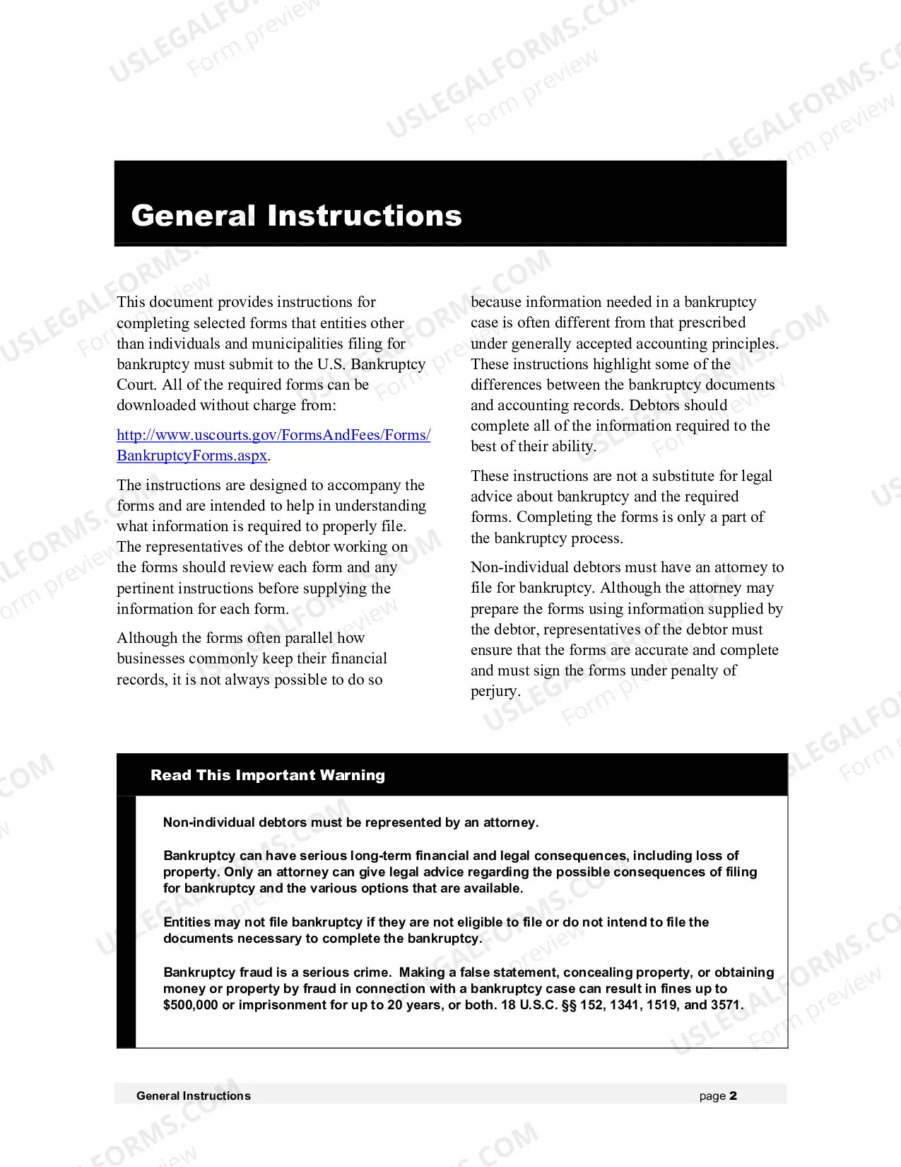 Preview Instructions - Bankruptcy Forms for Non-Individuals (forms only available at U.S. Courts website)