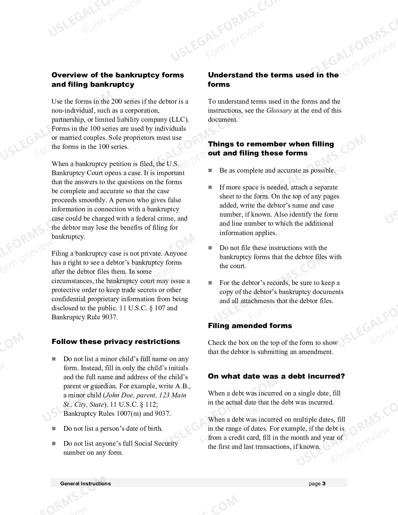 Preview Instructions - Bankruptcy Forms for Non-Individuals (forms only available at U.S. Courts website)