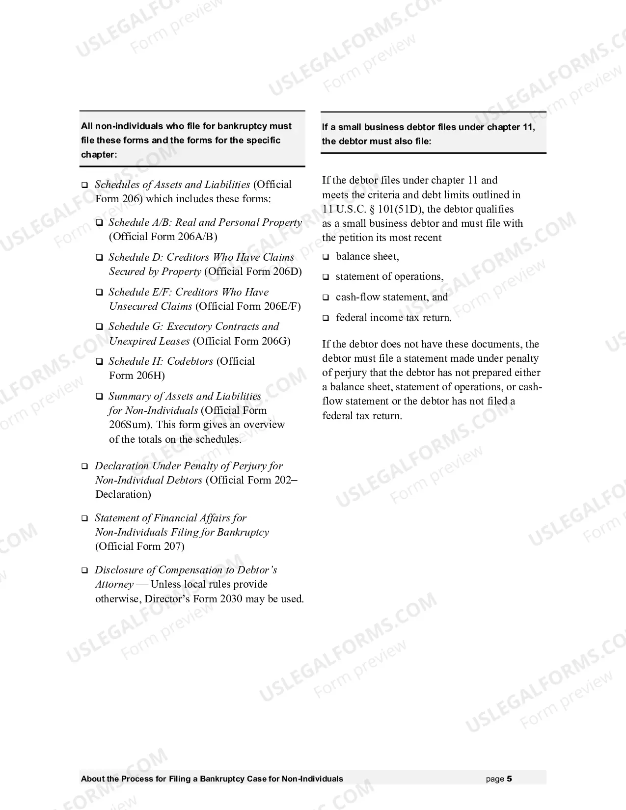 Preview Instructions - Bankruptcy Forms for Non-Individuals (forms only available at U.S. Courts website)