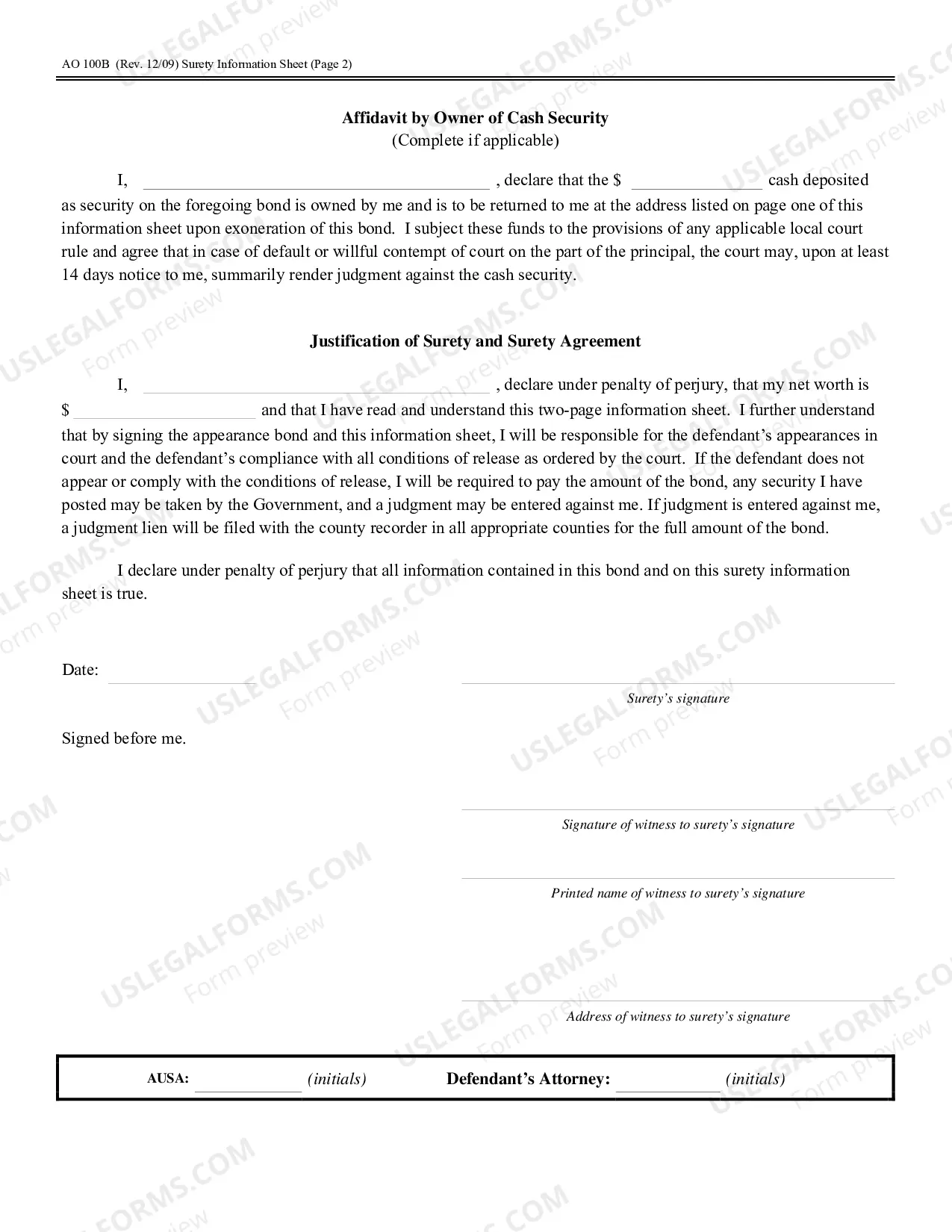 Preview Surety Information Sheet, fillable pdf (Under Fed. R. Crim. P. 49.1, this form may only be filed in court if redacted or under seal)