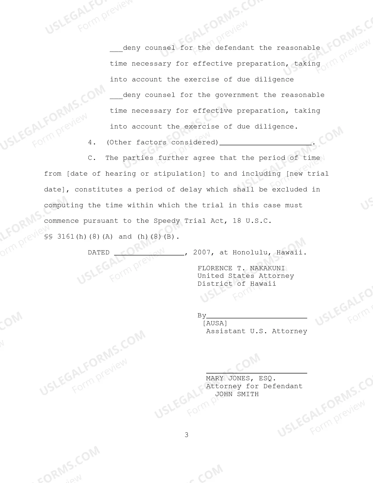 Preview SAmple Stipulation and Order Continuing Trial Date and Excluding Time under the Speedy Trial Act
